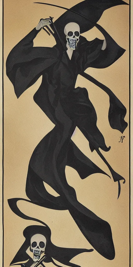 Prompt: an art deco illustration of the grim reaper