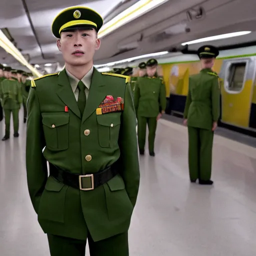 Prompt: cinematic shot of a bald young white man wearing a green chinese maoist military uniform standing in a Subway, 8k, very intricate, very detailed,