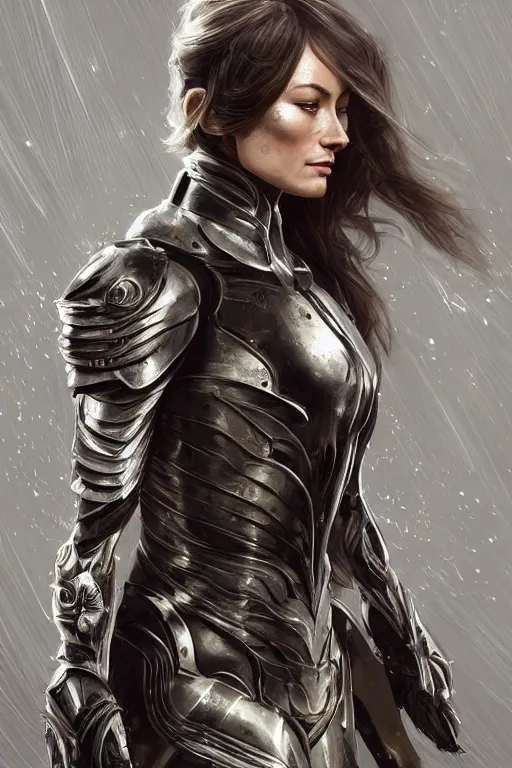 Image similar to a finely detailed portrait of Olivia Wilde, clothed in futuristic battle armor, olive skin, long dark hair, beautiful bone structure, symmetrical facial features, intricate, elegant, digital painting, trending on Artstation, concept art, smooth, sharp focus, illustration, from Metal Gear by Ruan Jia and Mandy Jurgens and Artgerm and and william-adolphe bouguerea, award winning