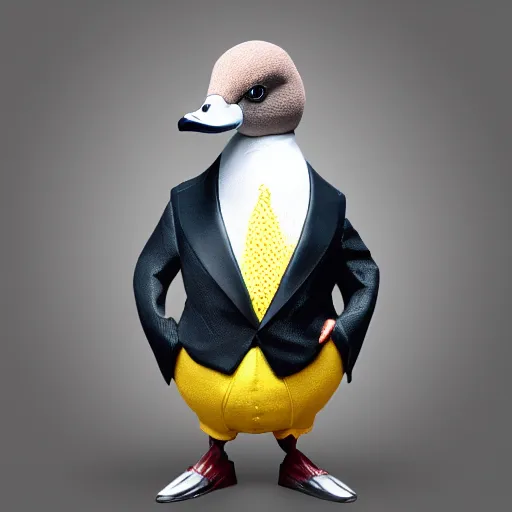 Image similar to a high detail photo of an antropomorphic duck wearing a suit, trending on artstation