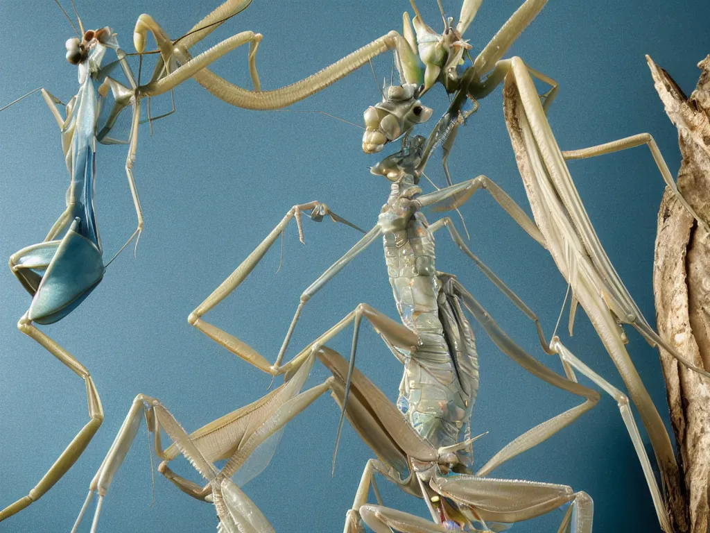 Image similar to close - up of a blue praying mantis. orchid mantis standing. petri dish art. subsurface scattering, translucency, backlit, diffused, smooth. studio photography high quality highly detailed award winning photograph by national geographic, by slim aarons. complementary color scheme. ( sculpture by antonio canova )
