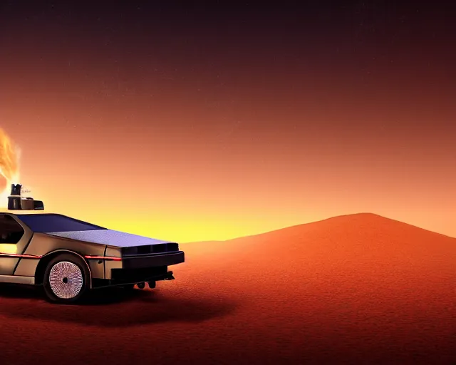 Prompt: doc brown and the delorean on mars, sunset, volumetric light