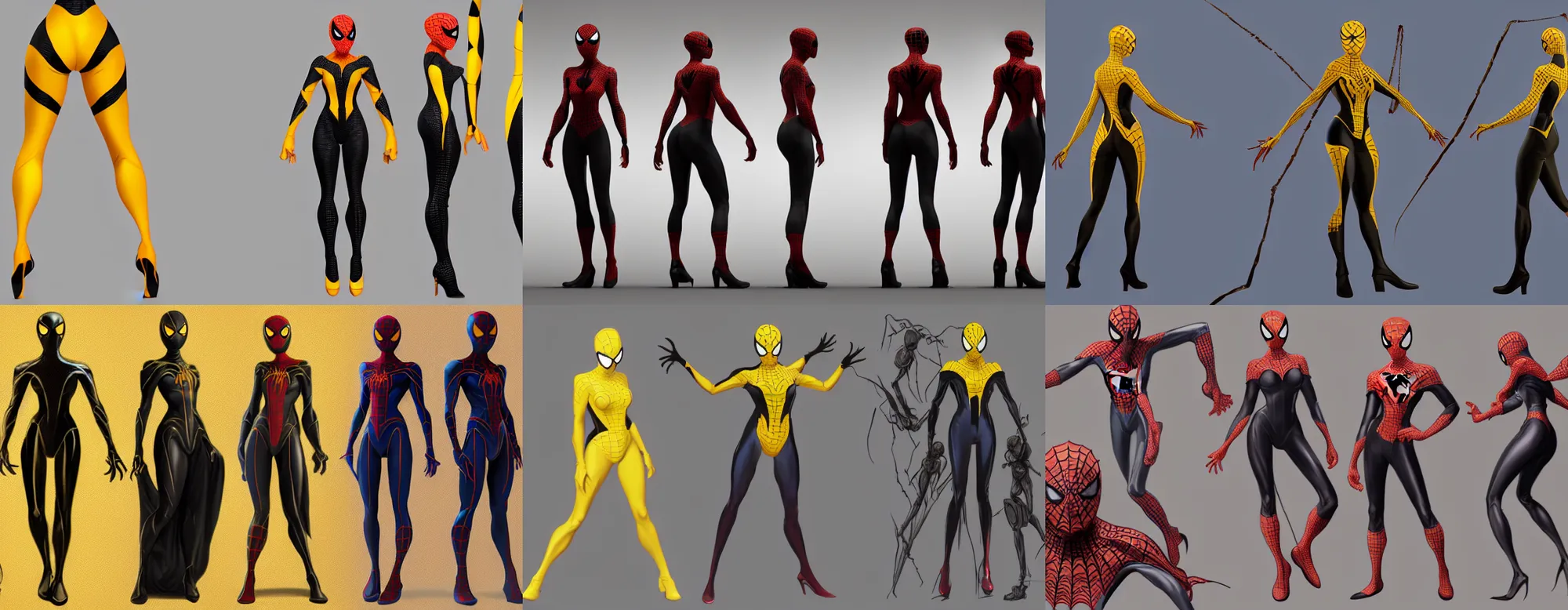 Prompt: full body character turnaround of a woman in an orb weaver outfit, character sheet, matte painting, spiderman!!, spiderwoman!!, john singer sargent, good value control, highly detailed portrait, character turnaround, digital painting, concept art, sharp focus, smooth, 3 d model, illustration, yellow and black color scheme, realistally proportioned body