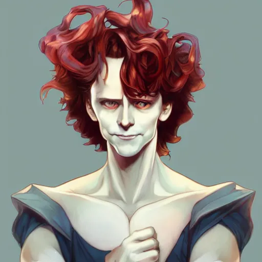 Prompt: hisoka, young tom hiddleston, cel - shaded animesque art by artgerm and greg rutkowski and alphonse mucha, smooth white skin, smirking face, reddish hair, d & d, fantasy, feminine portrait, highly detailed, digital painting, trending on artstation, concept art, sharp focus, illustration