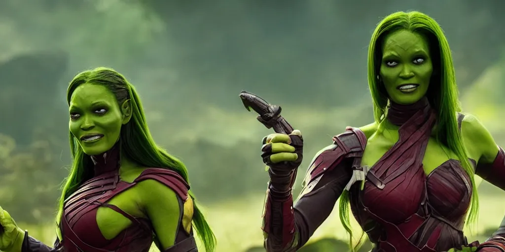 Image similar to beautiful photograph of Gamora taking mate with Scorpion from Mortal Kombat in the field with an ombú in the background. Medium shot.