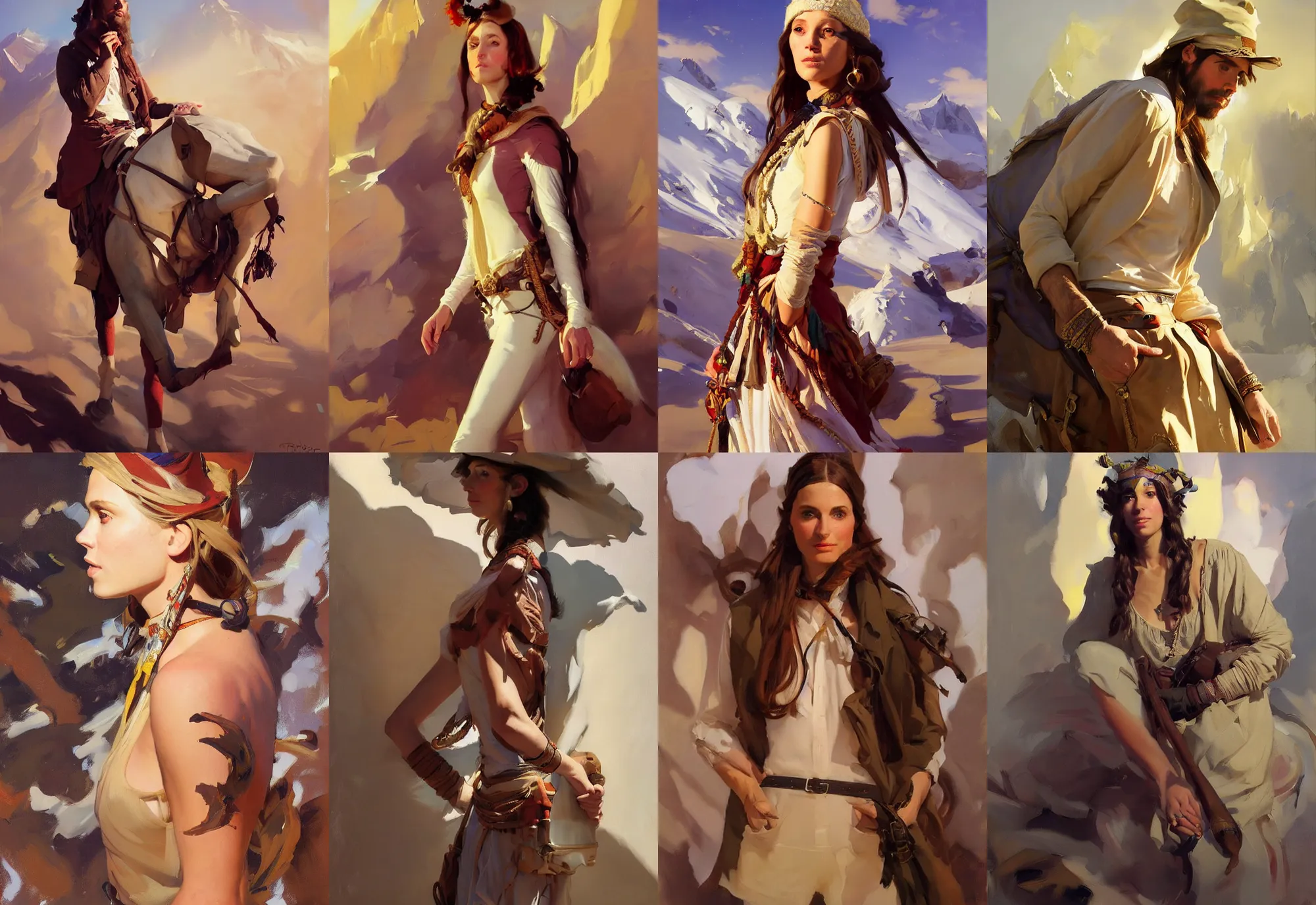 Image similar to portrait of hippie model girl jodhpurs hyperborea winter traveler treasure hunter greg manchess painting by sargent and leyendecker, fantasy, medium shot, asymmetrical, intricate, elegant, matte painting, illustration, hearthstone, by rhads, by greg rutkowski, by greg tocchini, by james gilleard, by joe fenton