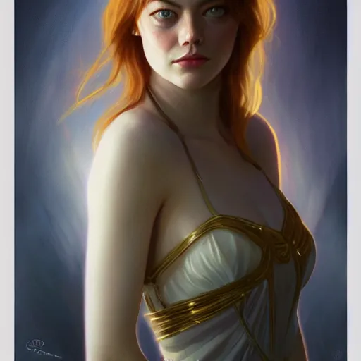 Image similar to beautiful young emma stone, closeup, d & d, fantasy, intricate, elegant, highly detailed, digital painting, artstation, concept art, matte, sharp focus, illustration, art by artgerm and greg rutkowski and alphonse mucha