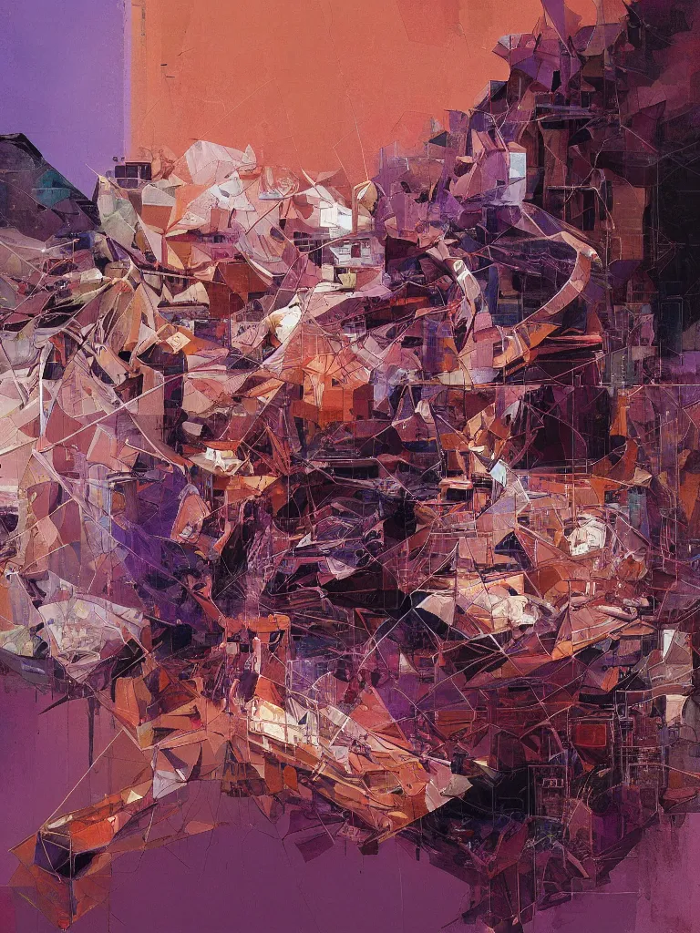 Image similar to a beautiful glitched geometric painting by robert proch and emilio pettoruti of an anatomy structure study of the human nervous system on top of rectangle shapes, color bleeding, pixel sorting, copper oxide and rust materials, brushstrokes by jeremy mann, dramatic lighting, pastel purple background