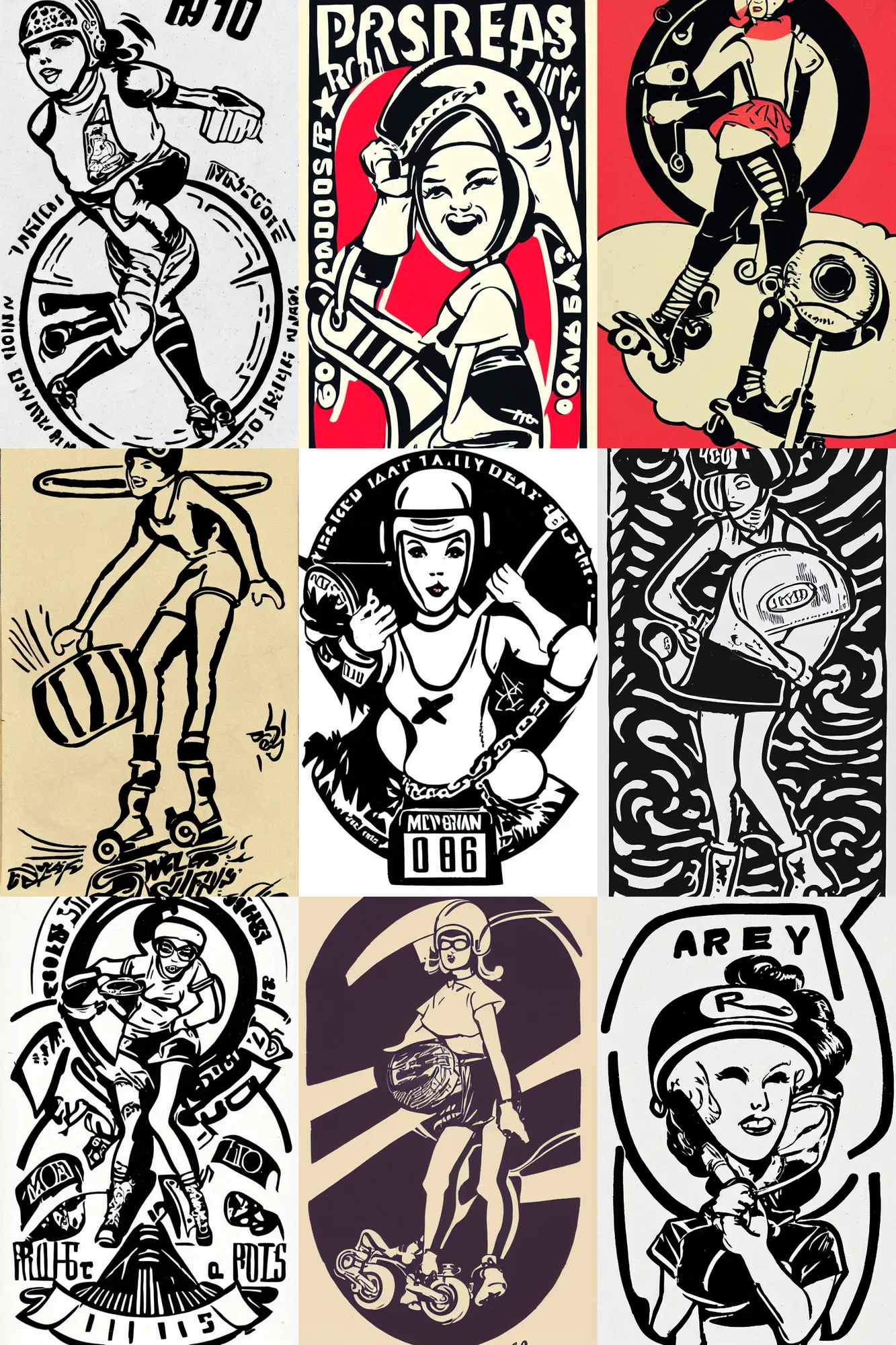 Prompt: illustrated logo, pretty roller derby girl, wearing roller derby helmet, mcbess, 1960s, carrying a tray