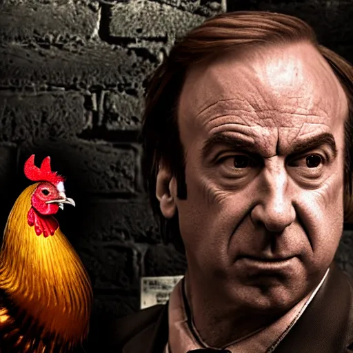 Image similar to saul goodman and a rooster in a medieval torture chamber, saw blades and knives in the background, horror movie, saul goodman, rooster!!!!, real life photo, highly detailed face