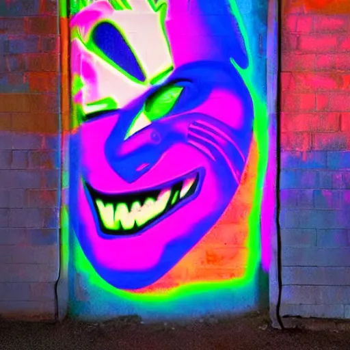 Prompt: florescent glowwave graffiti of the baby joker drinking wine on a street wall, glow wave