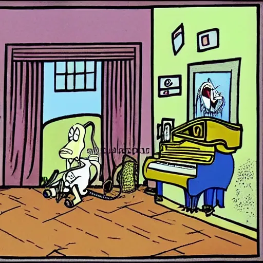 Prompt: a cartoon in the style of the far side about a snake playing a piano