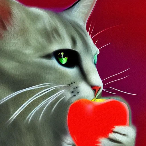 Image similar to a colourful cat eating apple, digital art