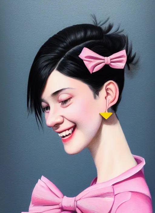 Image similar to portrait of high school girl, realistic, black hair, bangs, half updo hairstyle, pointy nose, skinny, smile, ugly, defined jawline, big chin, pink hair bow, earrings, intricate, elegant, glowing lights, highly detailed, digital painting, artstation, sharp focus, illustration, art by wlop, mars ravelo and greg rutkowski