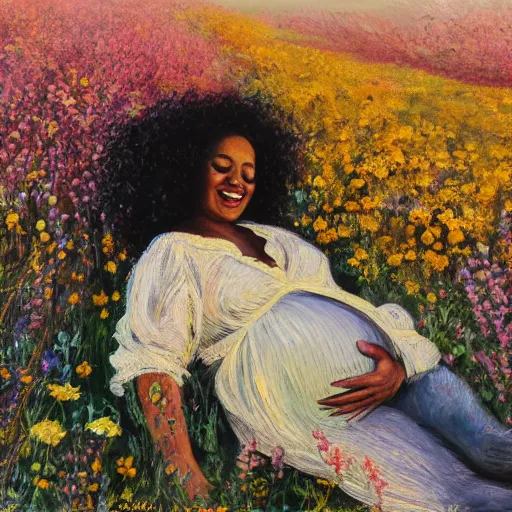 Image similar to pregnant black woman with curly hair in a vast field of flowers, laying down, a tiny black puppy running around, golden hour, vintage, impressionist painting, fine art, oil painting, dreamy, pastel, laughing, happy, intricate details, sharp, peaceful, serene