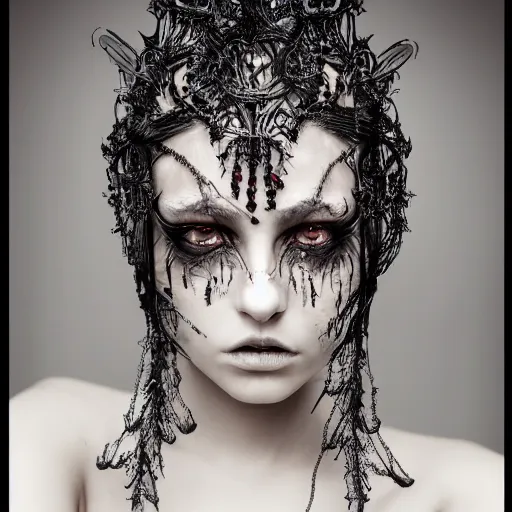 Image similar to a portrait of female model by stefan geselle and nekro borja, photorealistic, intricate details, hyper realistic, dark fantasy, ornate headpiece, dark beauty, photorealistic, canon r 3, photography, wide shot, photography, dark beauty, symmetrical features, wide angle shot