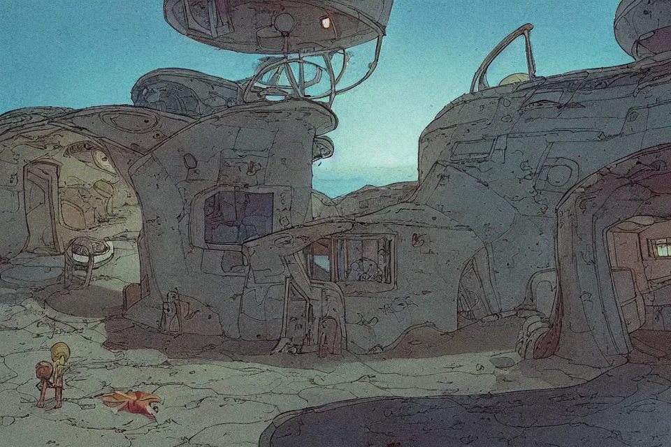 Prompt: sci-fi fi scene of a seashell house where the deserted kids live, in the style of john harris and roger deakins by moebius