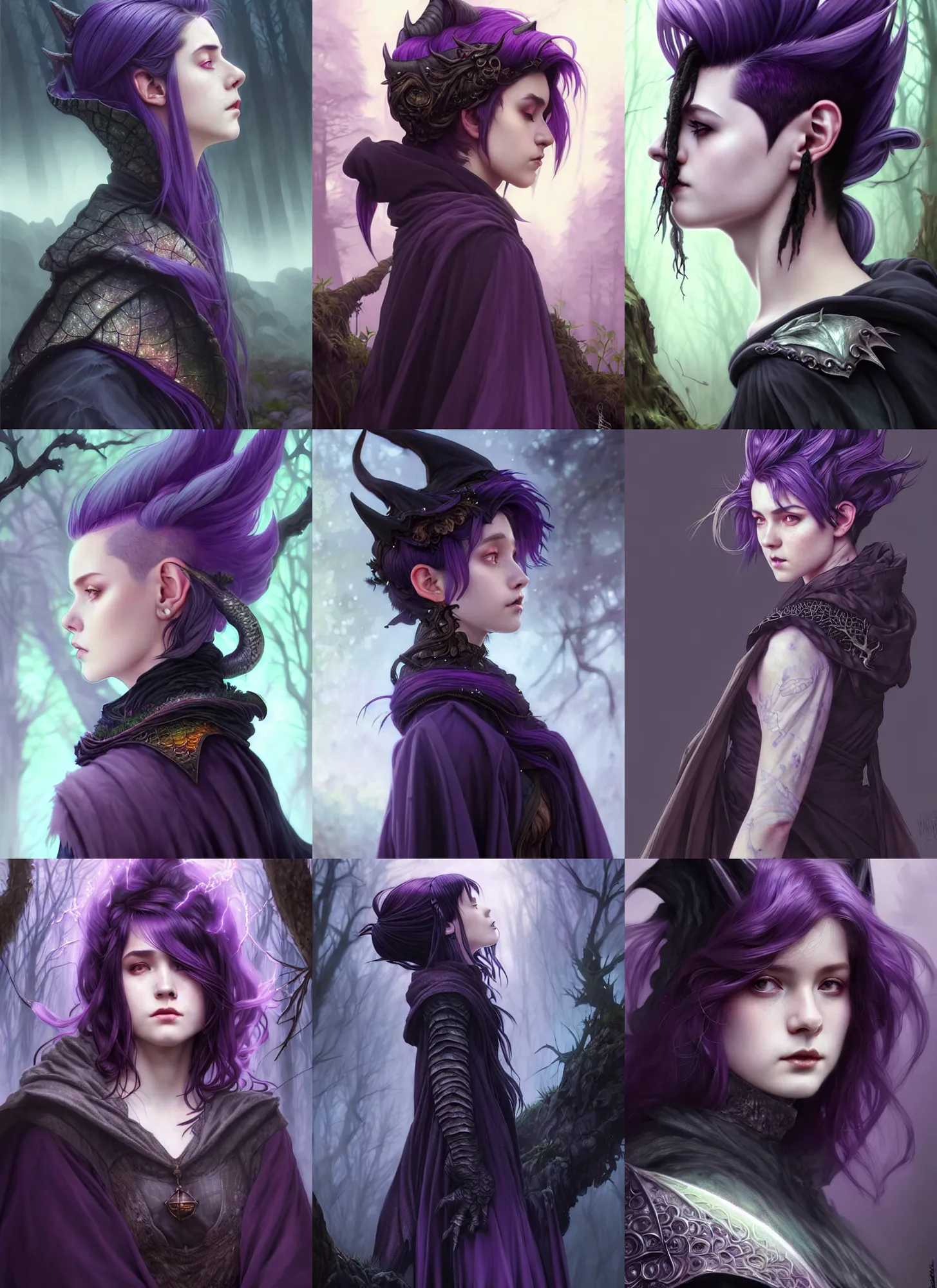 Image similar to side portrait rugged girl, witch school uniform outfit large cloak, fantasy forest landscape, dragon scales, fantasy magic, undercut hairstyle, short purple black fade hair, dark light night, intricate, elegant, sharp focus, illustration, highly detailed, digital painting, concept art, matte, art by wlop and artgerm and greg rutkowski and alphonse mucha, masterpiece