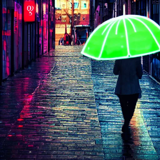 Image similar to small street full of neon light banners, multi colored pebbles on the road, a man with a black umbrella walks towards a young lady robot, rainy day, stylographic drawing style, kurekolor