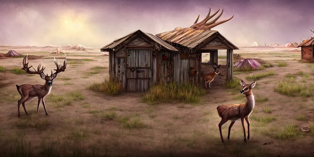 Image similar to a queer deer is visiting a post - apocalyptic town of flower huts in the badlands, matte oil painting, extreme body modification, salt dunes, rust, retrofutistic, science fantasy, rpg, roguelike, epic, plants
