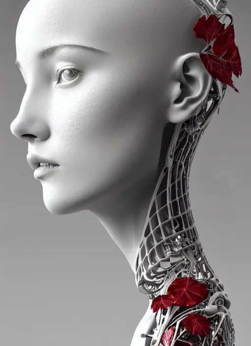 Image similar to complex 3d render ultra detailed of a beautiful porcelain profile young woman face, biomechanical cyborg, 200 mm lens, volumetric lighting, beautiful studio soft light, rim light, silver white gold red details, magnolia big leaves achromatic and stems, roots, fine foliage lace, mesh wire, Alexander Mcqueen high fashion haute couture, art nouveau fashion embroidered, intricate details, hyper realistic, ultra detailed, mandelbrot fractal, anatomical, facial muscles, cable wires, microchip, elegant, octane render, H.R. Giger style, 8k post-production, trending on Artstation