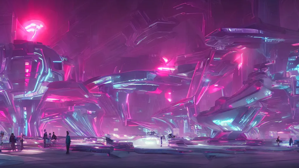 Prompt: sci-fi citadel, with exotic female alien gogo dancers standing on platforms, neon signs, modular shapes, contemporary aesthetic, like concept art on artstation, like zaha hadid