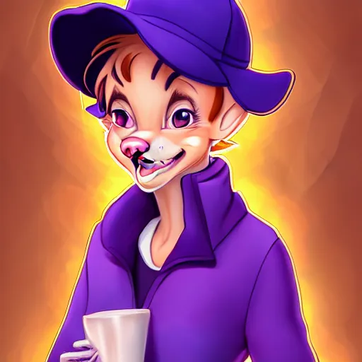Prompt: don bluth, artgerm, anthropomorphic fox girl, purple vest, smiling, symmetrical eyes symmetrical face, bright colorful forest background