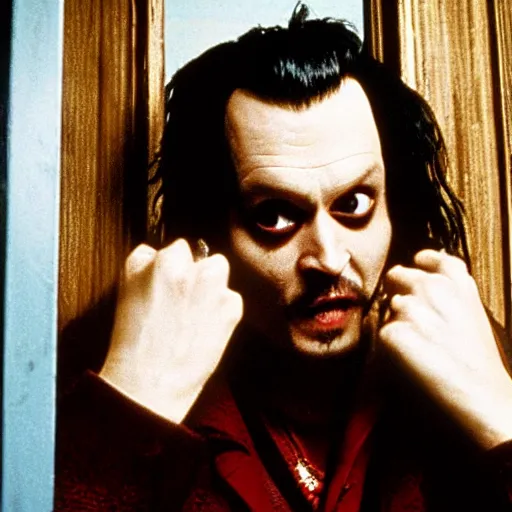 Image similar to Johnny Depp as Jack Torrance in Shining looking through the hole in the broken door