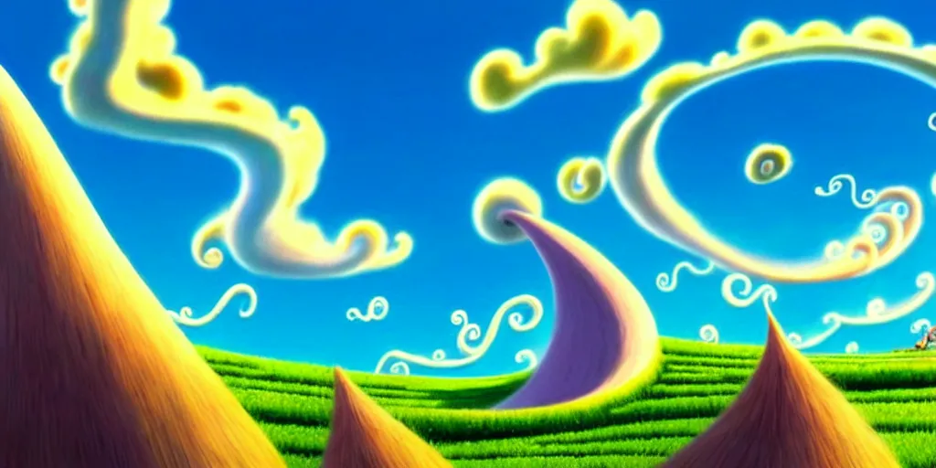 Image similar to cartoon concept art, clean blue sky, spiral clouds, from lorax movie