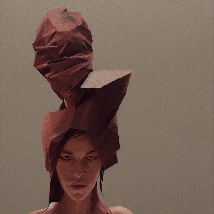 Prompt: woman portrait with a paper bag over the head, highly detailed, artstation, art by ian mcque, ilya kuvshinov, zdislav beksinski, wayne barlowe, edward hopper