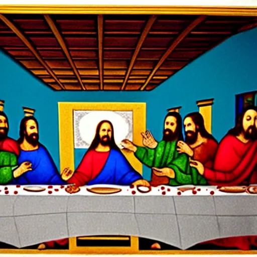 Prompt: The Last Supper, made of colored smoke