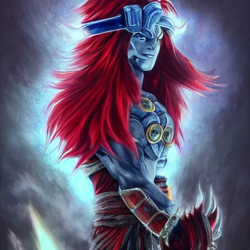 Image similar to a gorgeously defined character with long red hair and immensly glowing eyes, wearing saiyan armor with blue baggy pants, surrealism art, portrait!!, intricately detailed, 4 k quality