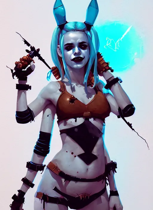 Image similar to portrait of cute harley quinn girl with crown of thorns in cyber bikini armor, warhammer, cyberpunk, by atey ghailan, by greg rutkowski, by greg tocchini, by james gilleard, by joe gb fenton, by kaethe butcher, dynamic lighting, gradient light blue, brown, blonde cream and white color in scheme, grunge aesthetic
