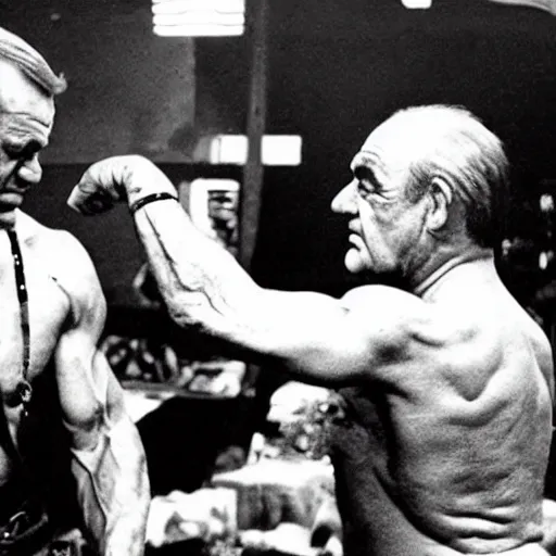 Image similar to sean connery arm wrestling rambo