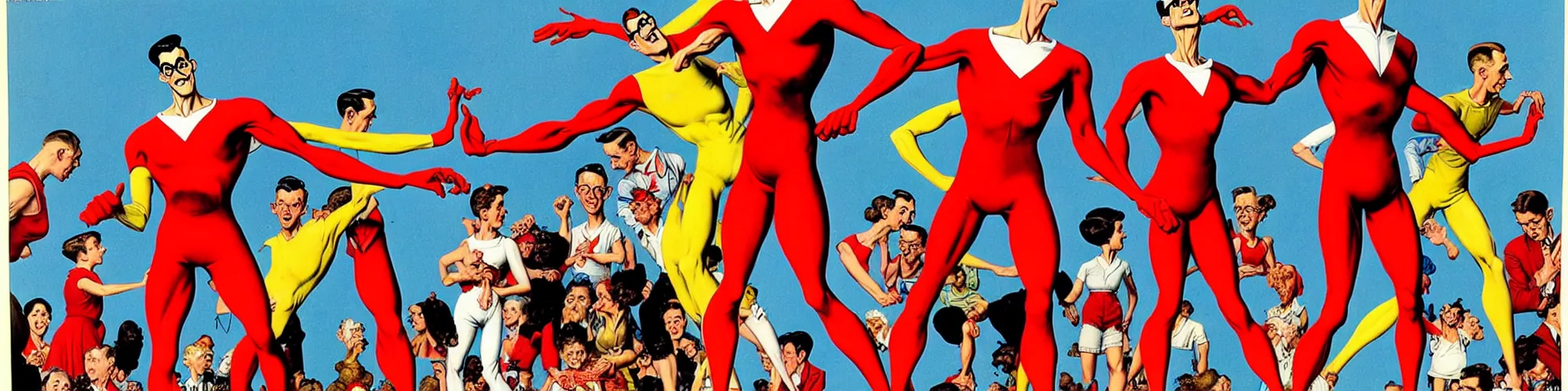 Image similar to plasticman showing off his weird limbs illustrated by norman rockwell with very long hands and arms and fingers and legs and feet twirling and twisting around at a very sunny park in a very crowded city with people looking surprised and stunned, funny, silly