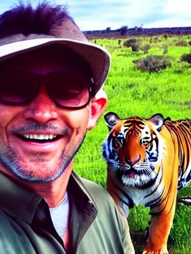 Image similar to a selfie of a man smiling in the safari with a tiger running up behind him
