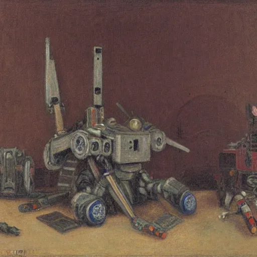 Prompt: Still life of a battle robot surrounded by his weapons, inspired by Henri Fantin-Latour