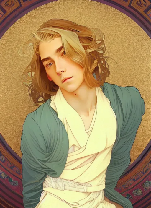 Image similar to pretty young man with shoulder length shiny shimmering golden blond hair, path traced, highly detailed, high quality, digital painting, by studio ghibli and alphonse mucha, leesha hannigan, disney