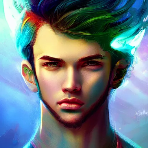 Prompt: A beautiful portrait of young man, digital art by Ross Tran, vibrant color scheme, highly detailed, in the style of romanticism, fine Art,