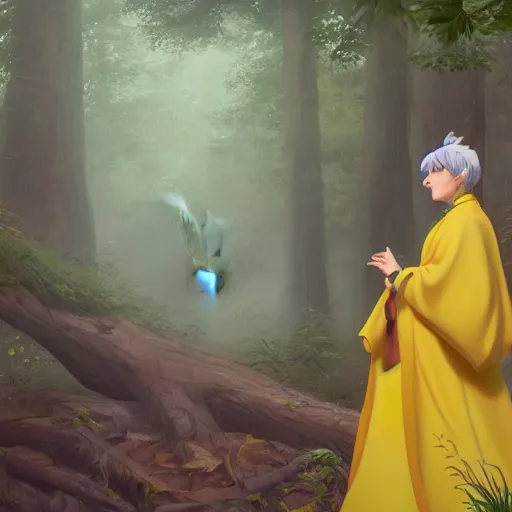 Prompt: concept art painting of an anthropomorphic grandma doe deer wearing yellow robes, in the deep forest, realistic, detailed, cel shaded, in the style of makoto shinkai and greg rutkowski and james gurney