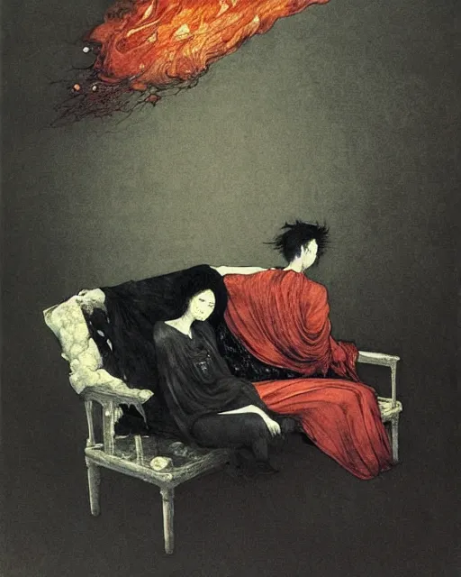 Prompt: an old dead couple sitting on an old couch in an old apartment watching the televison on fire,  Francisco Goya painting, part by Beksiński and EdvardMunch. art by Takato Yamamoto and Peter Mohrbacher, Francis Bacon masterpiece