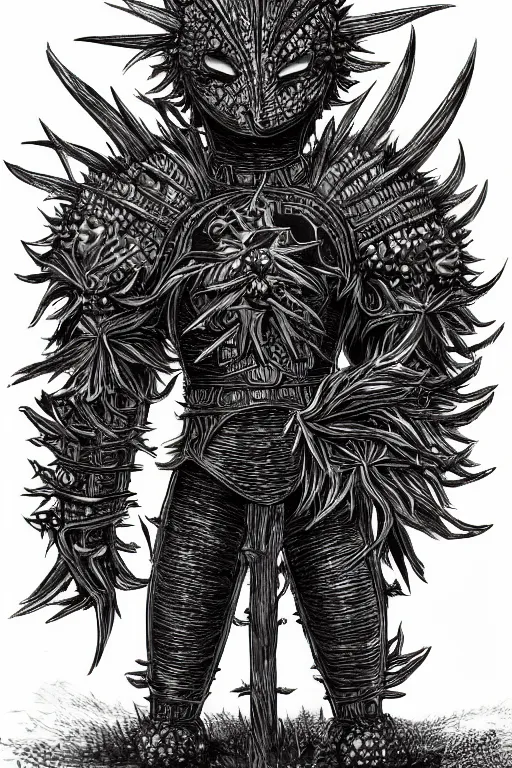 Image similar to armoured warrior dandelion monster, symmetrical, highly detailed, digital art, dandelion themed armour, sharp focus, trending on art station, kentaro miura manga art style