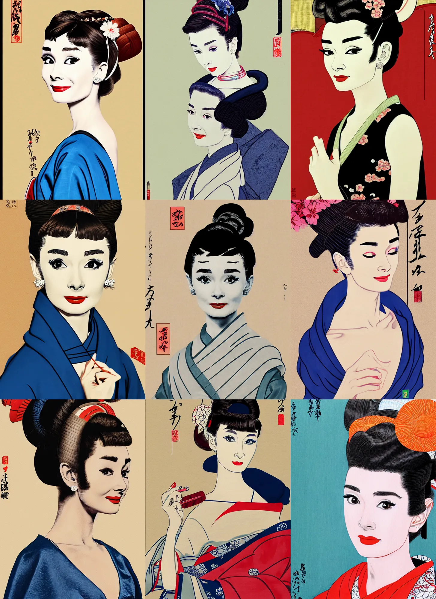 Prompt: painting of audrey hepburn as orian with hair decoration in ukiyo - e art, half body, 4 k, ultra detailed, photo realistic