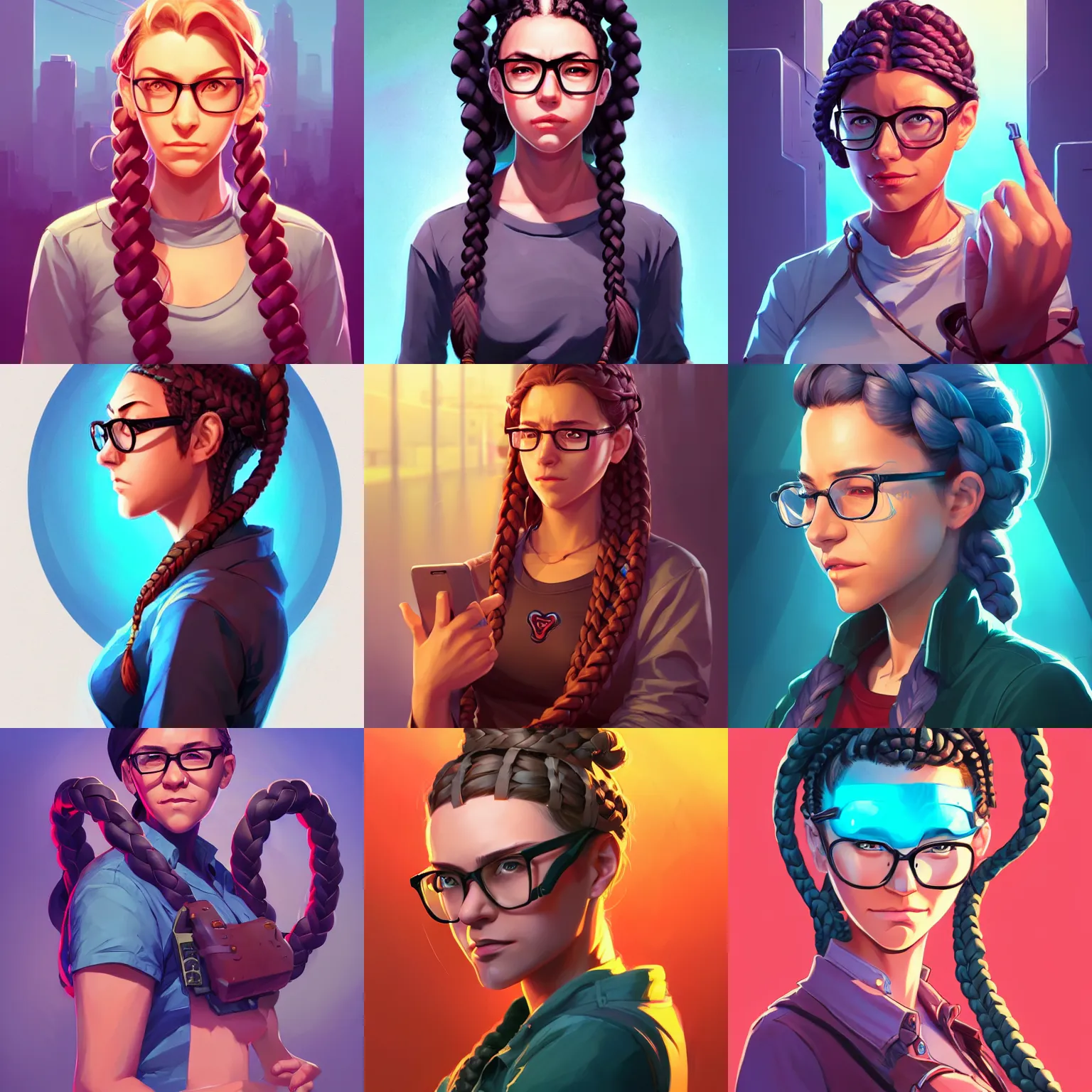 Prompt: modern female hacker with thick braids and glasses, fantasy art heartstone Video game icon, 2d game art gta cover , official fanart behance hd artstation by Jesper Ejsing, by RHADS, Makoto Shinkai and Lois van baarle, ilya kuvshinov, rossdraws