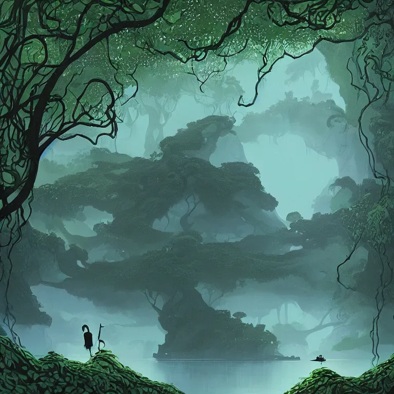 Image similar to concept art of a person in a body of water surrounded by trees, lush vines, a detailed matte painting by eyvind earle, featured on deviantart, fantasy art, matte painting, enchanting