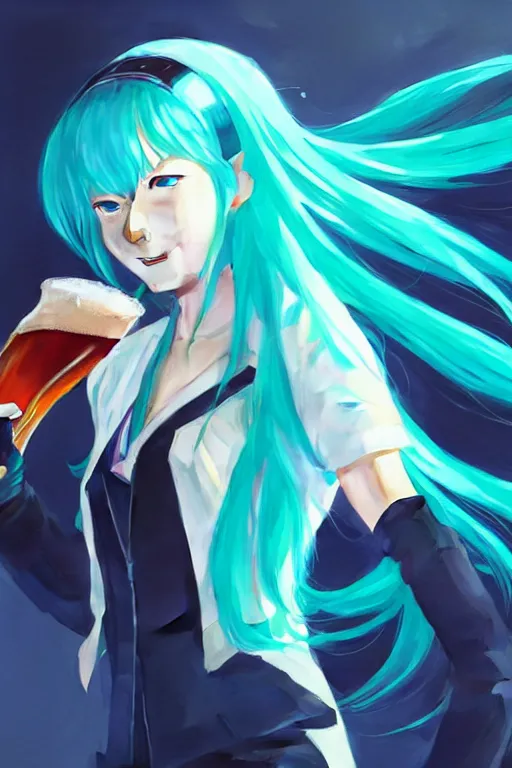 Prompt: Hatsune miku drinking a beer. visibly drunk. sci-fi, modern, colourful!! highly detailed, digital painting, artstation, concept art, sharp focus, illustration, by greg rutkowski