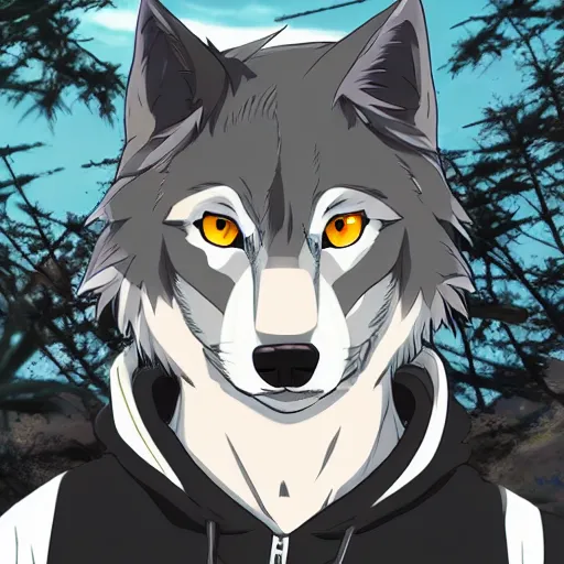 Image similar to key anime visual portrait of a handsome male anthro wolf furry fursona with beautiful eyes, wearing a hoodie in the forest, official modern animation