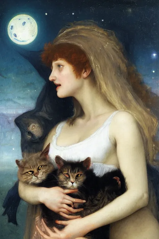 Prompt: a renaissance oil painting by alma tadema of demonic vampire evil woman with mischievous smile and fish eyes hugging a large fluffy cat, colourful pastel trending artstation, detailed portrait academic bouguereau high shadow contrast medium shot, sharp focus cosmic nebula background