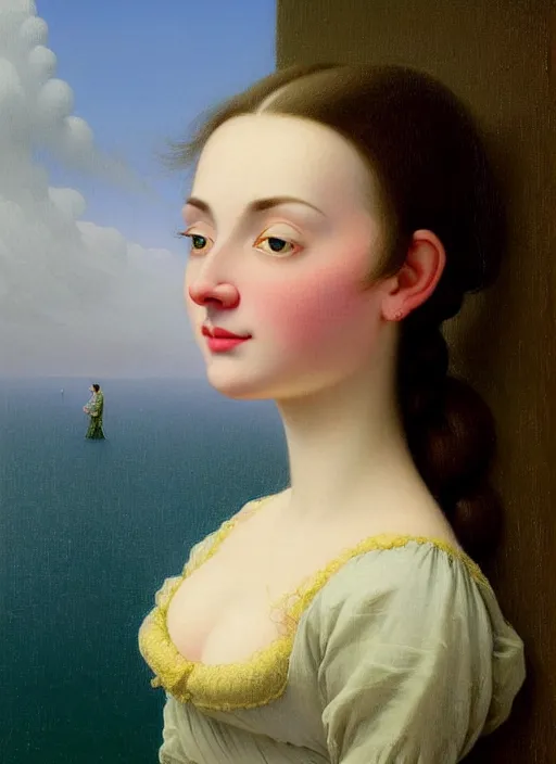 Image similar to hyper detailed 3 d render like a oil painting - cute portrait of a brunette named emma, italian looking, looking at camera, symmetrical face, long brunette hair, nose ring, a smiling cow looking over her shoulder by ryden, kawase hasui, dorothea tanning, edward hopper and james gilleard, aivazovsky, beksinski, outram, artstation