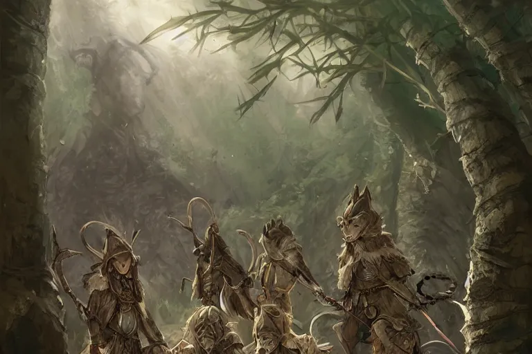 Image similar to dungeons and dragons fantasy painting, platoon of ashigaru mice emerge from the forest, tanegashima, hooded cloaks, whimsical and cute, determined expressions, watery eyes, anime inspired by krenz cushart, brown fur, tufty whiskers, feathered arrows, bamboo forest, dawn lighting, by brian froud jessica rossier and greg rutkowski